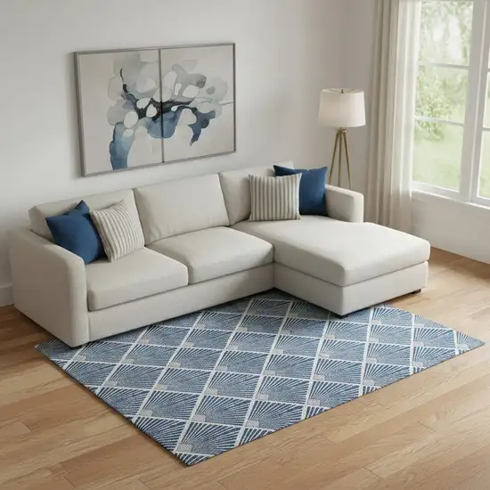 Navy Blue And Ivory Abstract Geometric Washable Area Rug With UV Protection Photo 1