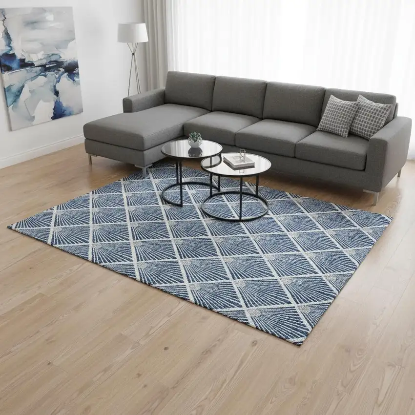 Navy Blue And Ivory Abstract Geometric Washable Area Rug With UV Protection Photo 2