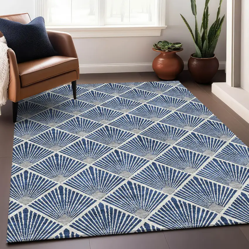 Navy Blue And Ivory Abstract Geometric Washable Area Rug With UV Protection Photo 5