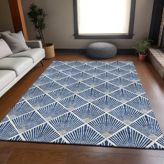 Navy Blue And Ivory Abstract Geometric Washable Area Rug With UV Protection Photo 6