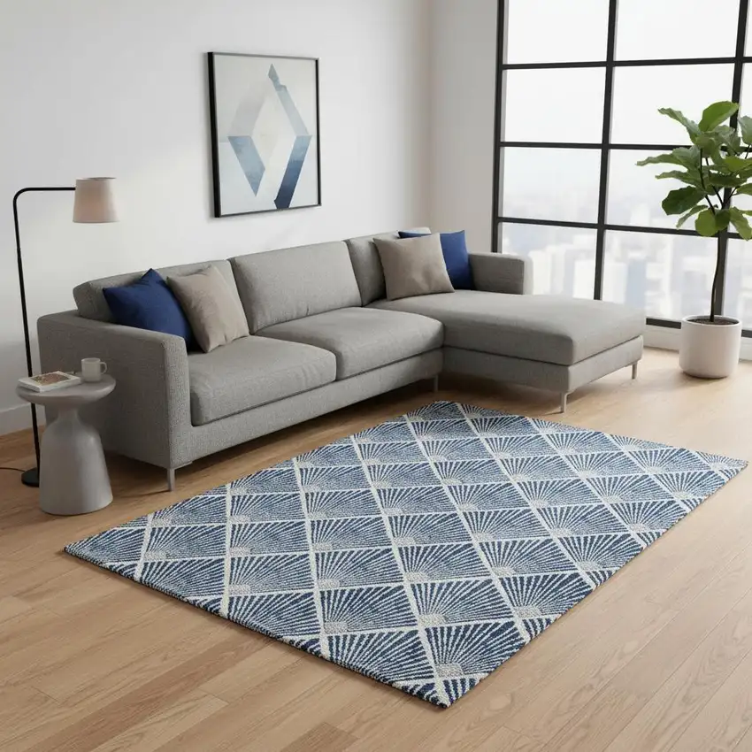 Navy Blue And Ivory Abstract Geometric Washable Area Rug With UV Protection Photo 2