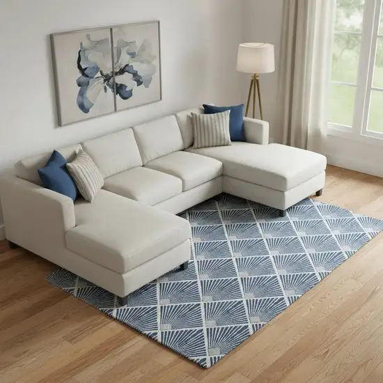 Navy Blue And Ivory Abstract Geometric Washable Area Rug With UV Protection Photo 1