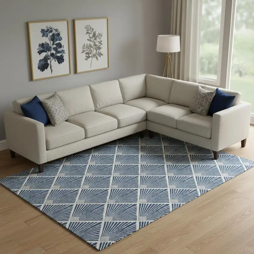 Navy Blue And Ivory Abstract Geometric Washable Area Rug With UV Protection Photo 1