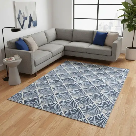 Navy Blue And Ivory Abstract Geometric Washable Area Rug With UV Protection Photo 2