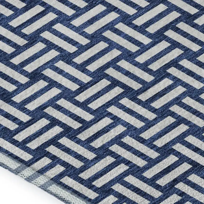 Navy Blue And Ivory Abstract Geometric Washable Area Rug With UV Protection Photo 2