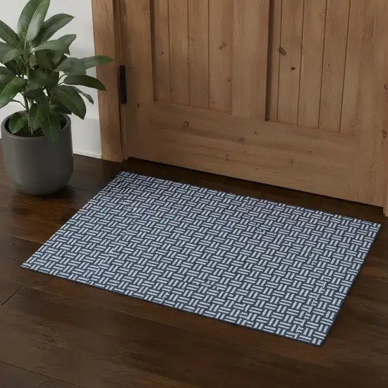 Navy Blue And Ivory Abstract Geometric Washable Area Rug With UV Protection Photo 1