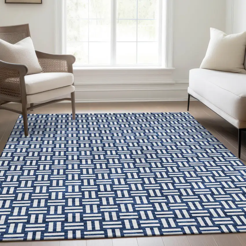 Navy Blue And Ivory Abstract Geometric Washable Area Rug With UV Protection Photo 5