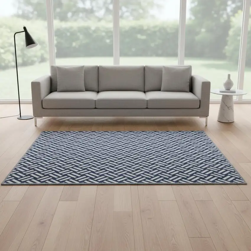 Navy Blue And Ivory Abstract Geometric Washable Area Rug With UV Protection Photo 2