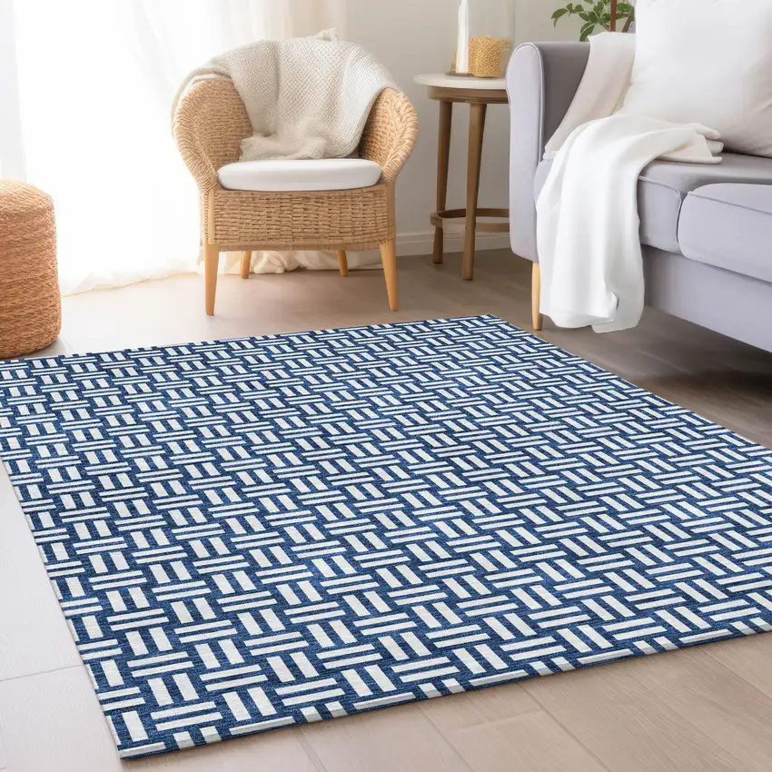 Navy Blue And Ivory Abstract Geometric Washable Area Rug With UV Protection Photo 4