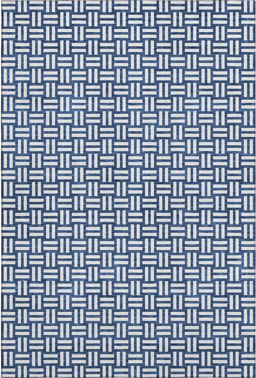 Navy Blue And Ivory Abstract Geometric Washable Area Rug With UV Protection Photo 6