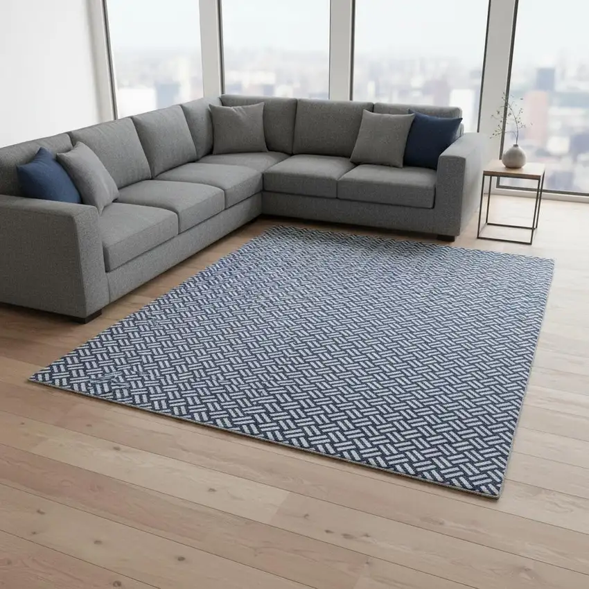 Navy Blue And Ivory Abstract Geometric Washable Area Rug With UV Protection Photo 2