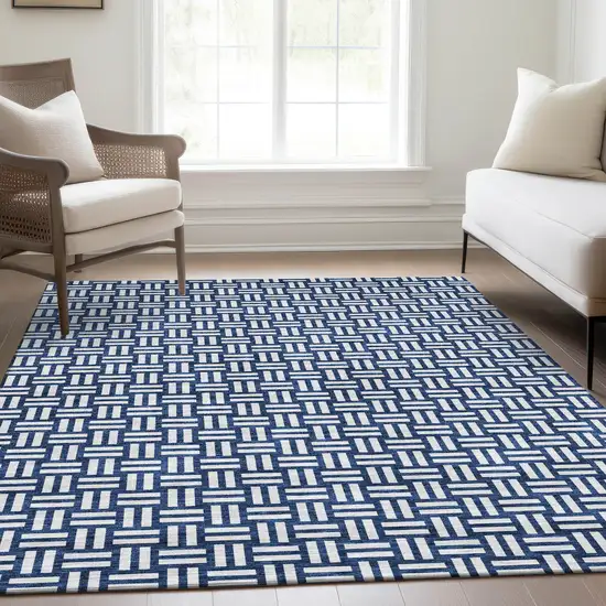 Navy Blue And Ivory Abstract Geometric Washable Area Rug With UV Protection Photo 5