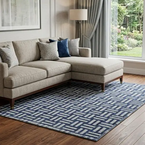 Navy Blue And Ivory Abstract Geometric Washable Area Rug With UV Protection Photo 1