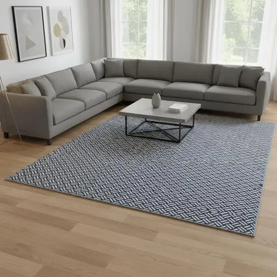 Navy Blue And Ivory Abstract Geometric Washable Area Rug With UV Protection Photo 2