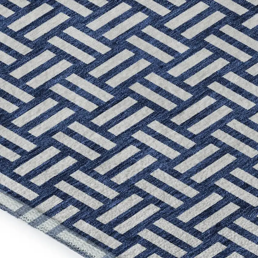 Navy Blue And Ivory Abstract Geometric Washable Area Rug With UV Protection Photo 2