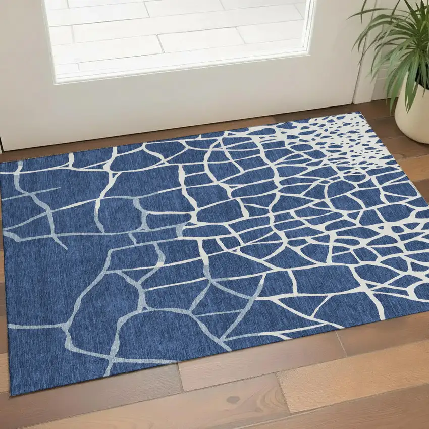 Navy Blue And Ivory Abstract Geometric Washable Area Rug With UV Protection Photo 1