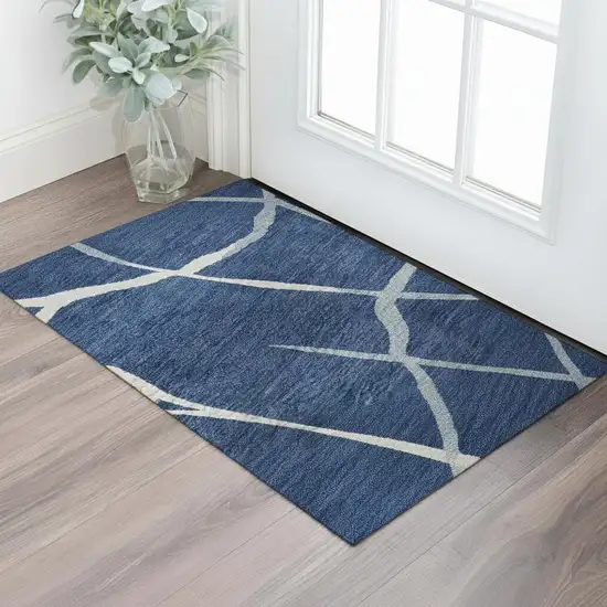 Navy Blue And Ivory Abstract Geometric Washable Area Rug With UV Protection Photo 2