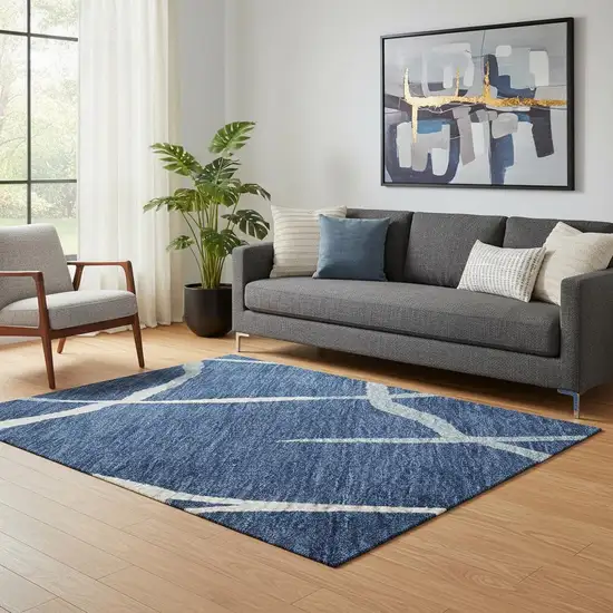 Navy Blue And Ivory Abstract Geometric Washable Area Rug With UV Protection Photo 2