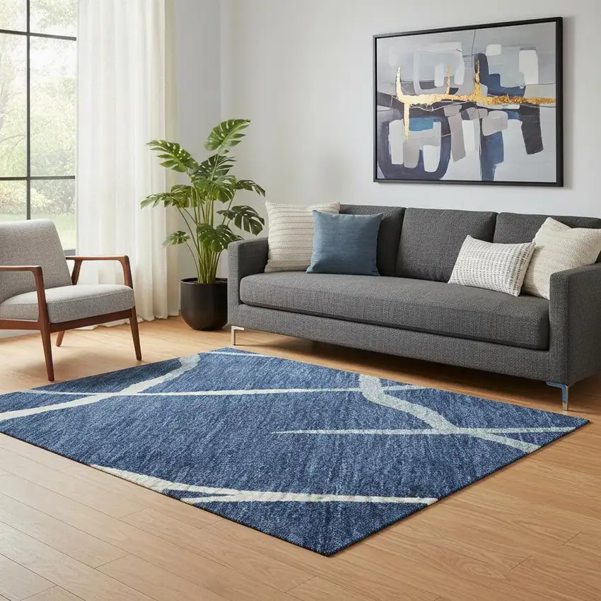 Navy Blue And Ivory Abstract Geometric Washable Area Rug With UV Protection Photo 2