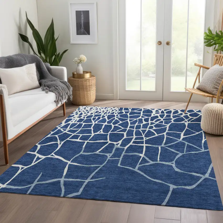 Navy Blue And Ivory Abstract Geometric Washable Area Rug With UV Protection Photo 5