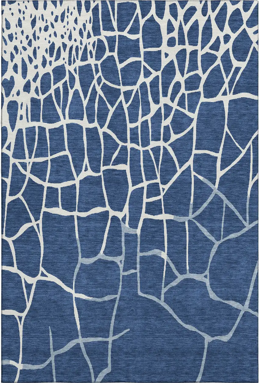 Navy Blue And Ivory Abstract Geometric Washable Area Rug With UV Protection Photo 6