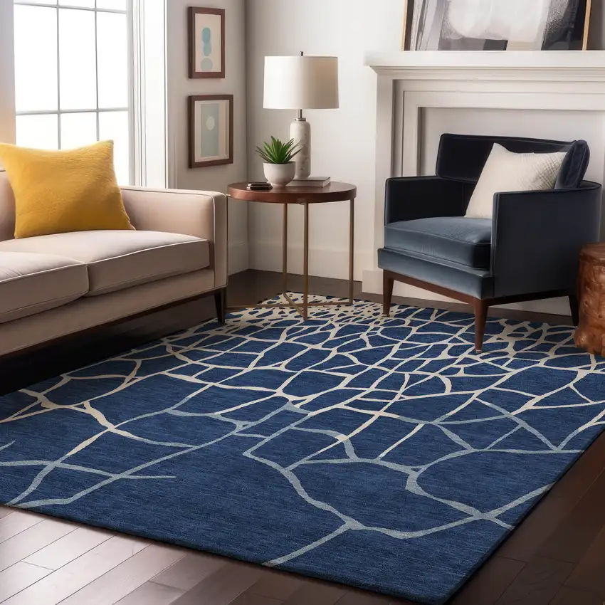 Navy Blue And Ivory Abstract Geometric Washable Area Rug With UV Protection Photo 5