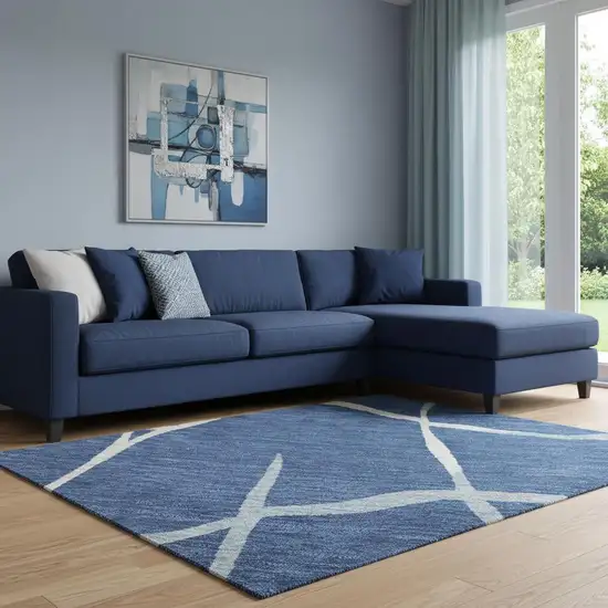 Navy Blue And Ivory Abstract Geometric Washable Area Rug With UV Protection Photo 2