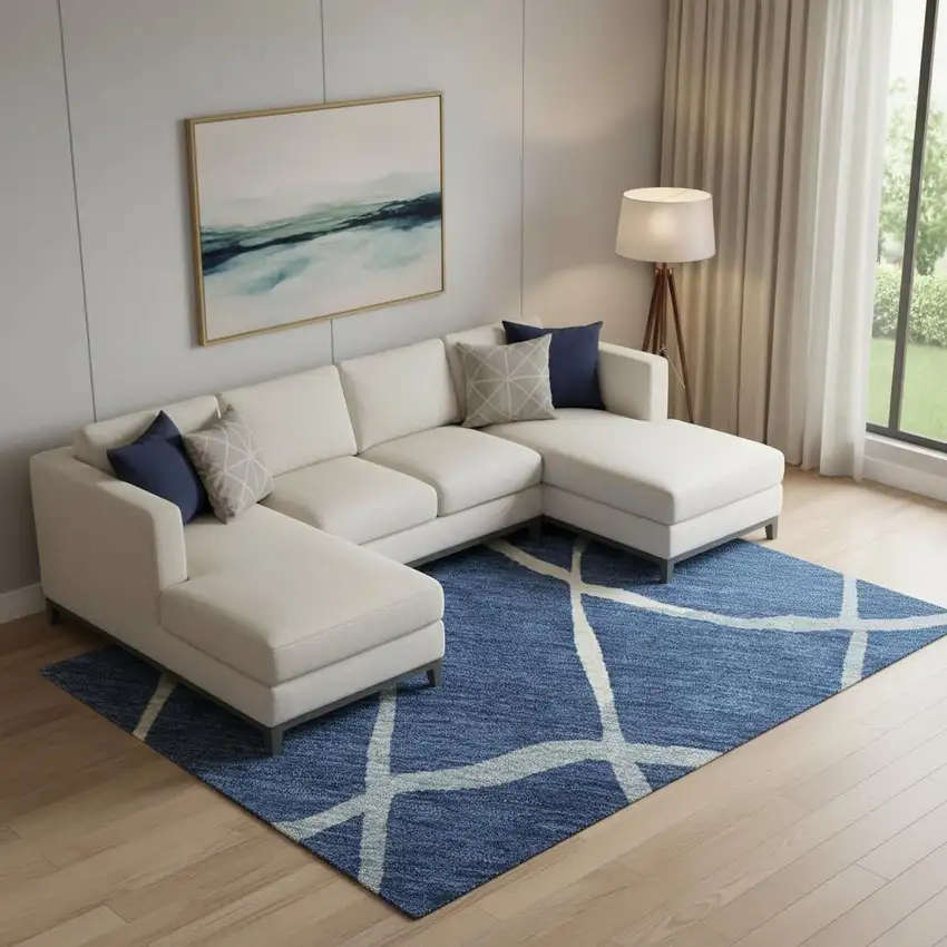 Navy Blue And Ivory Abstract Geometric Washable Area Rug With UV Protection Photo 2