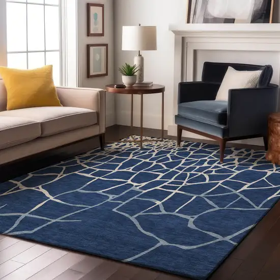 Navy Blue And Ivory Abstract Geometric Washable Area Rug With UV Protection Photo 4