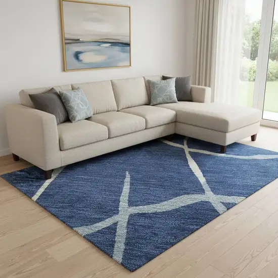 Navy Blue And Ivory Abstract Geometric Washable Area Rug With UV Protection Photo 2