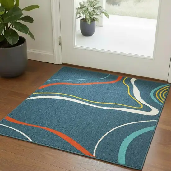 Navy Blue And Ivory Abstract Square Rug Photo 1