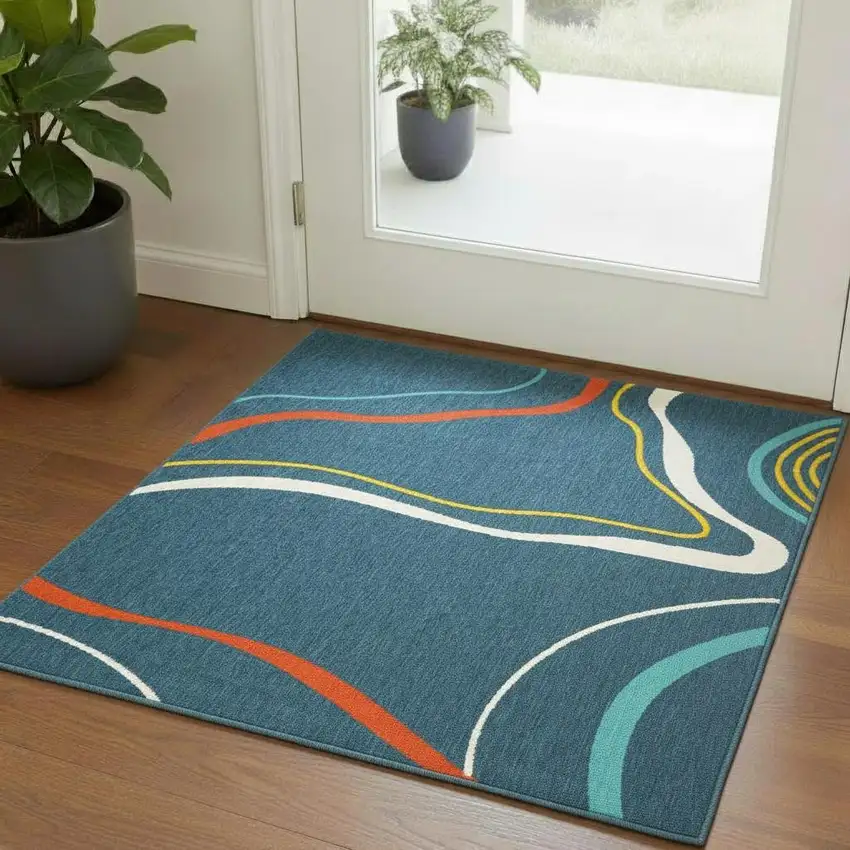 Navy Blue And Ivory Abstract Square Rug Photo 1