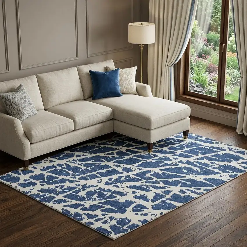 Navy Blue And Ivory Abstract Washable Area Rug With UV Protection Photo 1