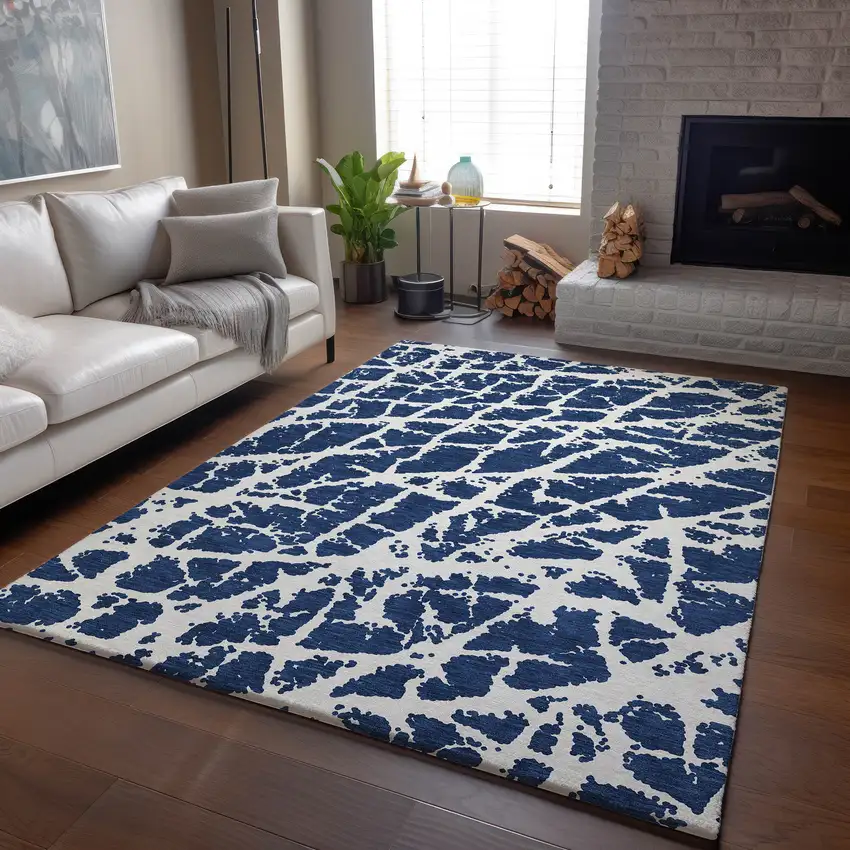 Navy Blue And Ivory Abstract Washable Area Rug With UV Protection Photo 6
