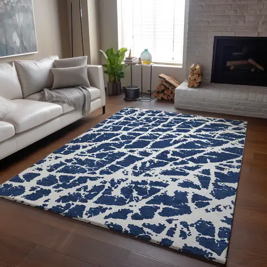Navy Blue And Ivory Abstract Washable Area Rug With UV Protection Photo 6