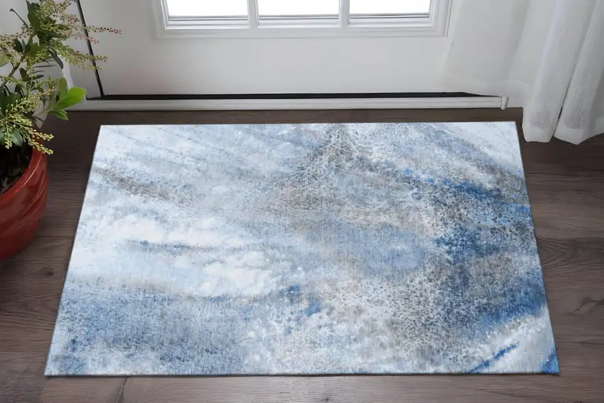 Navy Blue And Ivory Abstract Washable Area Rug With UV Protection Photo 2