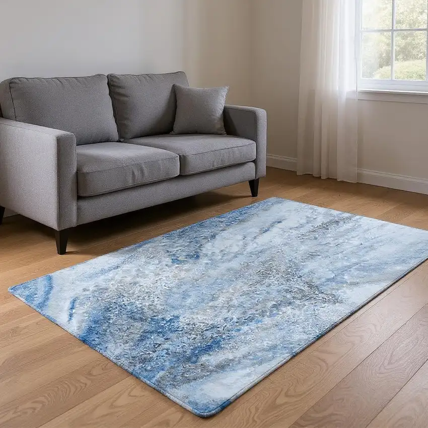 Navy Blue And Ivory Abstract Washable Area Rug With UV Protection Photo 2