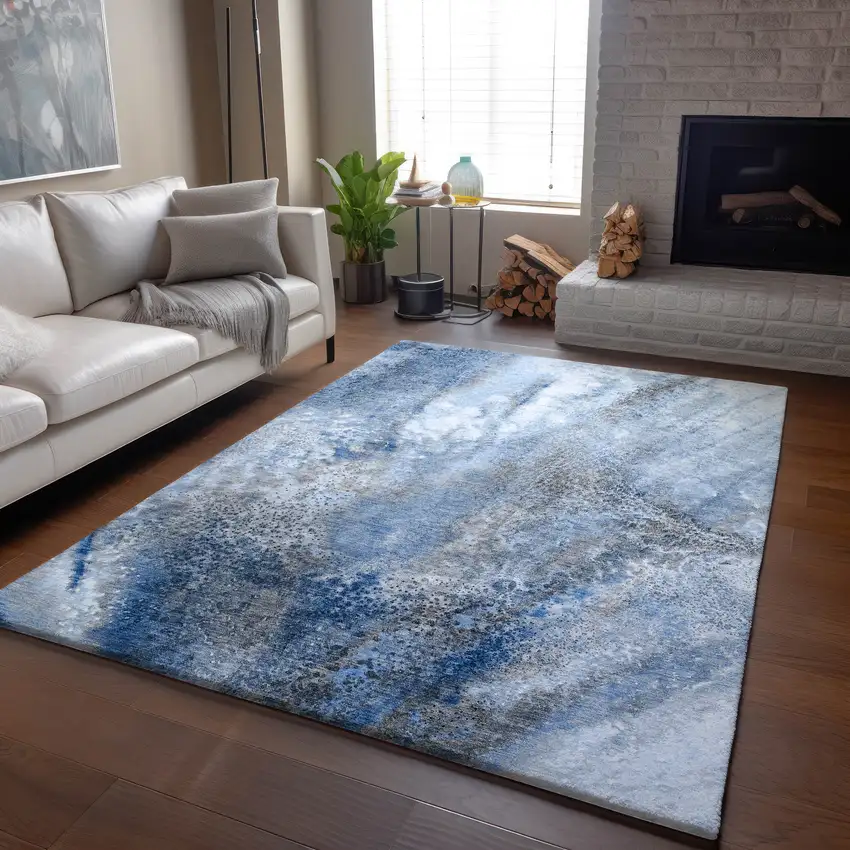 Navy Blue And Ivory Abstract Washable Area Rug With UV Protection Photo 5