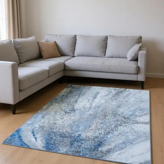 Navy Blue And Ivory Abstract Washable Area Rug With UV Protection Photo 2