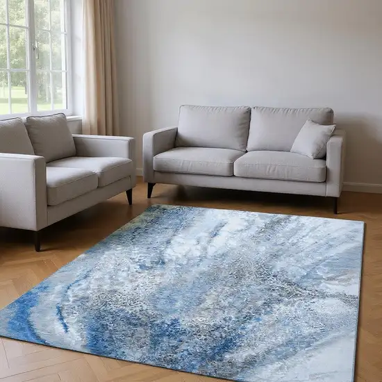 Navy Blue And Ivory Abstract Washable Area Rug With UV Protection Photo 2