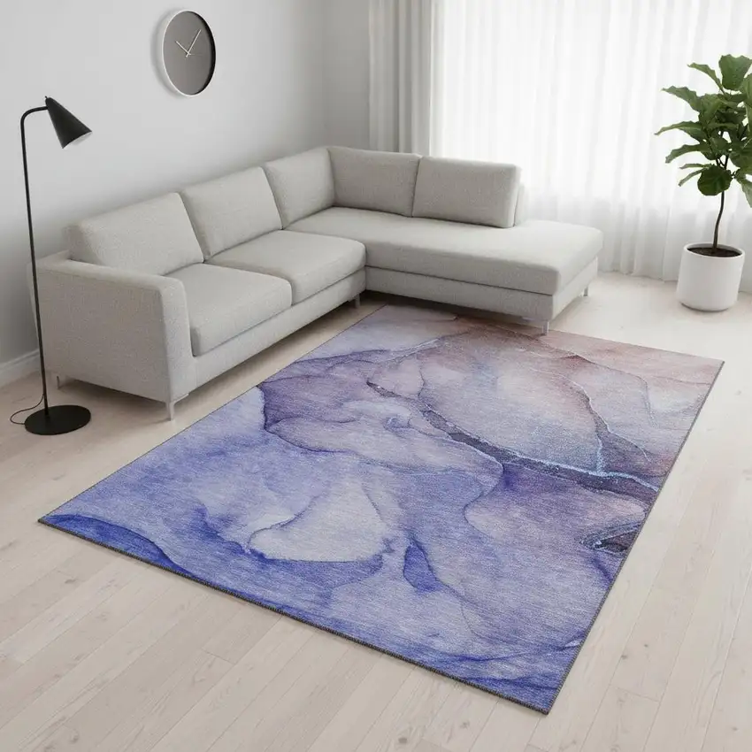 Navy Blue And Ivory Abstract Washable Area Rug With UV Protection Photo 2