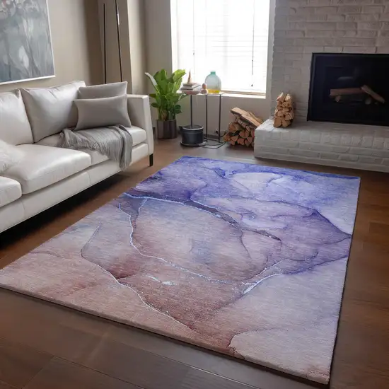 Navy Blue And Ivory Abstract Washable Area Rug With UV Protection Photo 6