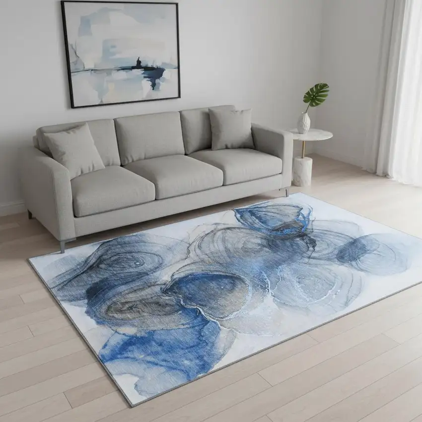 Navy Blue And Ivory Abstract Washable Area Rug With UV Protection Photo 2