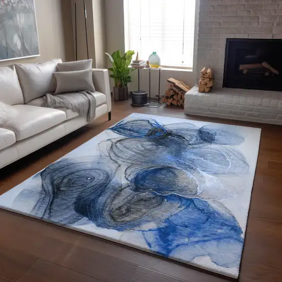 Navy Blue And Ivory Abstract Washable Area Rug With UV Protection Photo 8