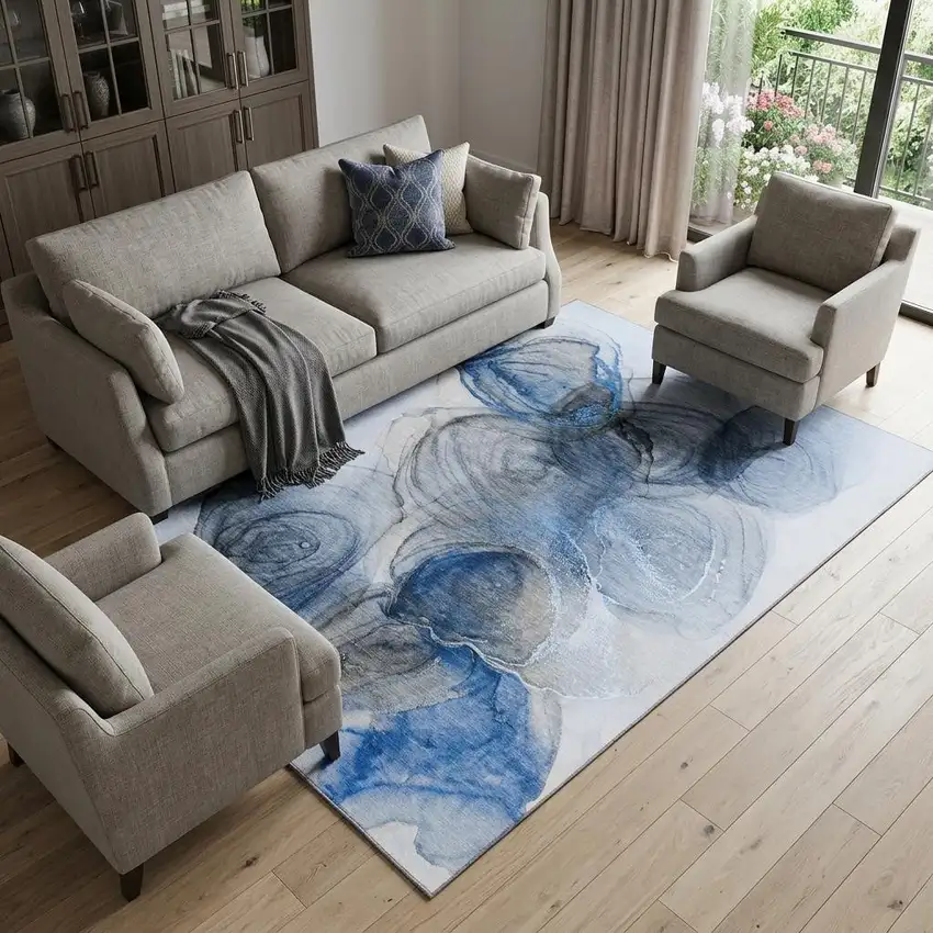 Navy Blue And Ivory Abstract Washable Area Rug With UV Protection Photo 1