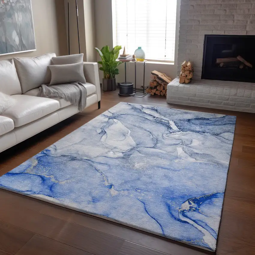 Navy Blue And Ivory Abstract Washable Area Rug With UV Protection Photo 6