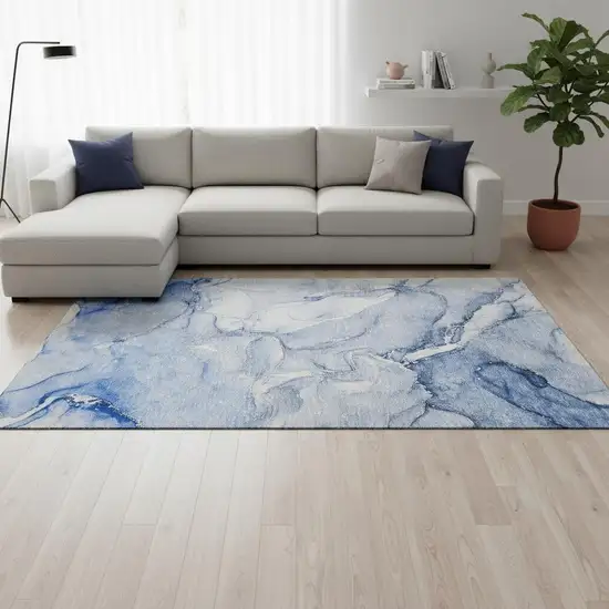 Navy Blue And Ivory Abstract Washable Area Rug With UV Protection Photo 3