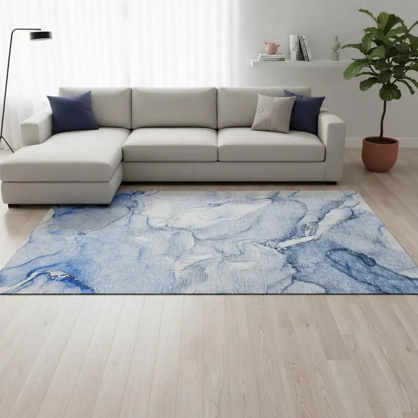 Navy Blue And Ivory Abstract Washable Area Rug With UV Protection Photo 3