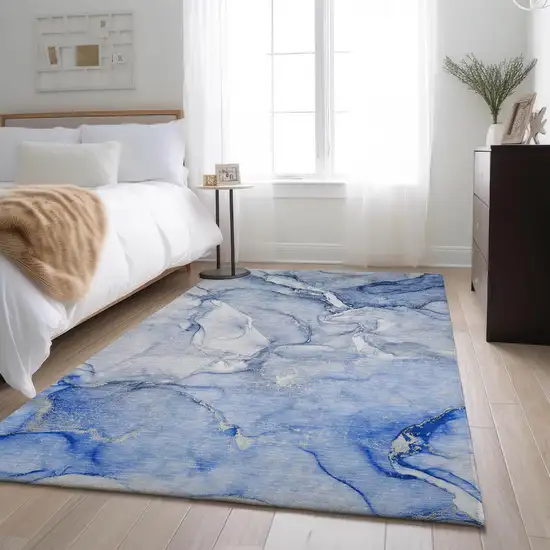 Navy Blue And Ivory Abstract Washable Area Rug With UV Protection Photo 5