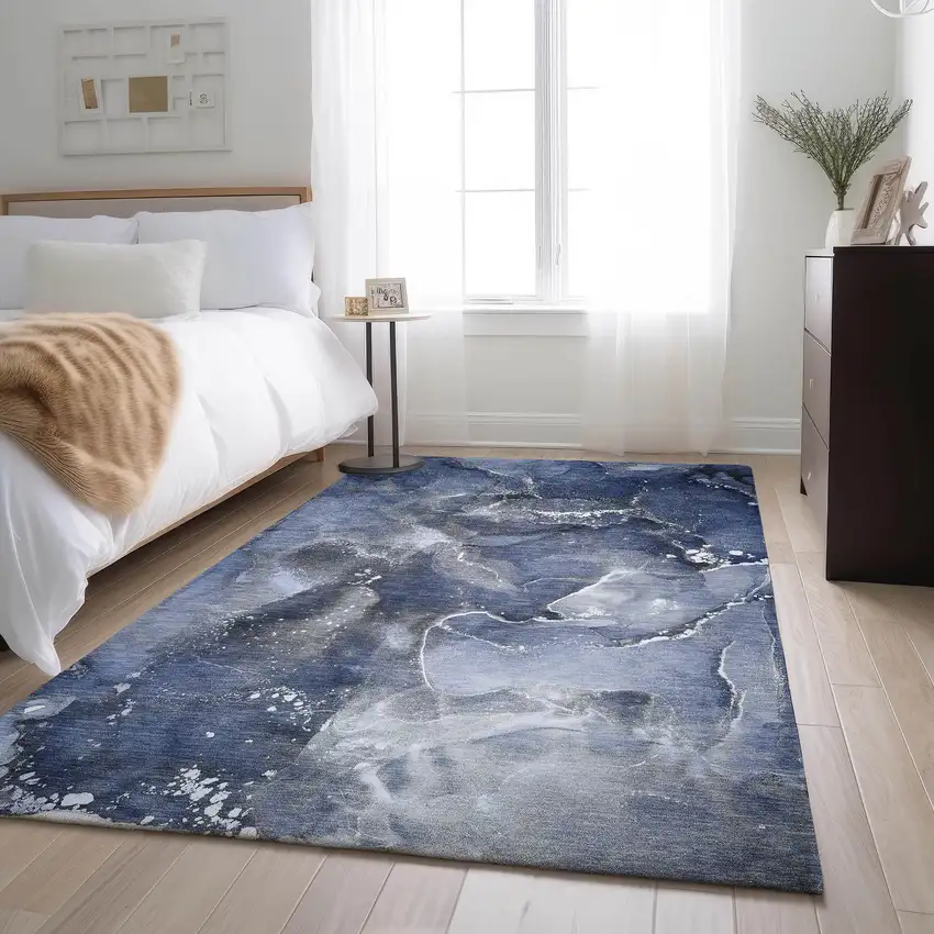 Navy Blue And Ivory Abstract Washable Area Rug With UV Protection Photo 5